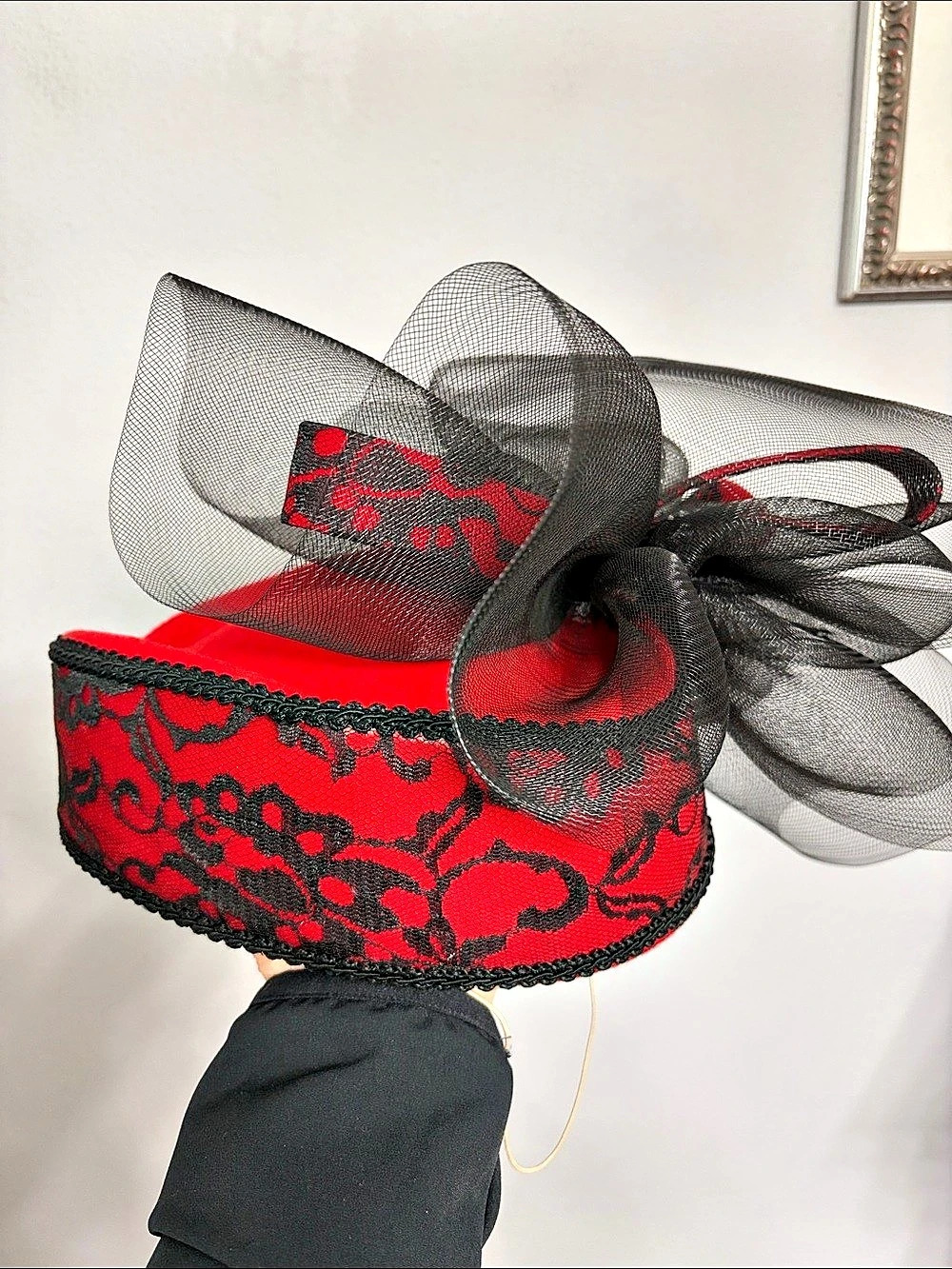 Red & Black Floral Fascinator Hat